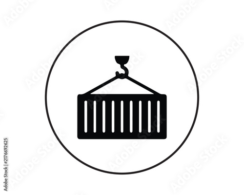 Black and white vector icon of a shipping container lifted by a crane hook inside a circle