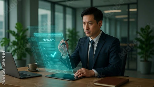 Professional businessman interacting with a digital holographic verification interface at his office desk