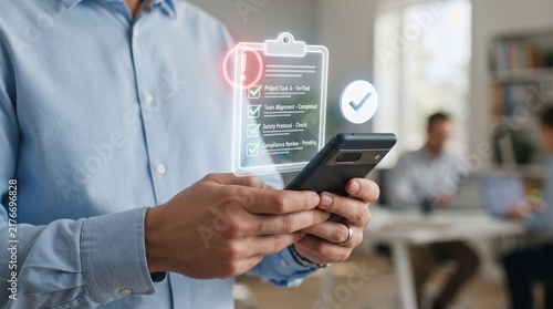Businessman using mobile phone with digital checklist and task management interface overlay