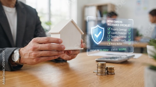 Professional real estate agent holding a miniature house model with digital homeowners insurance checklist