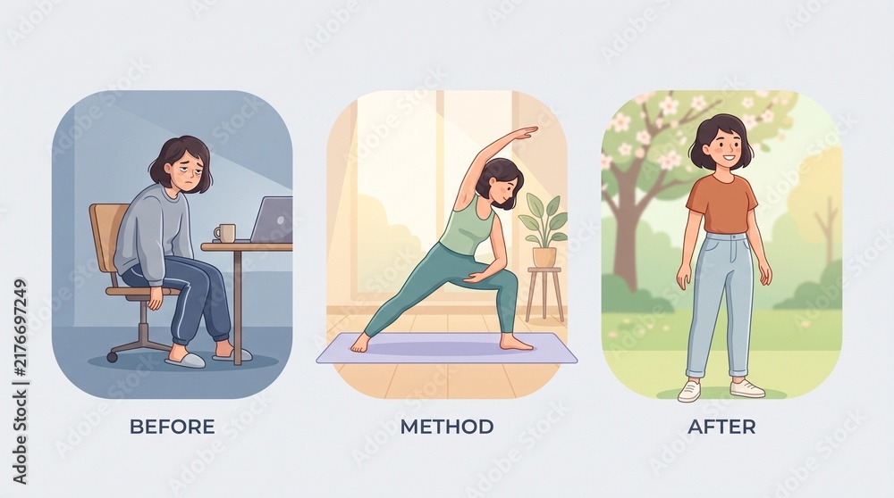 Fototapeta premium Healthy lifestyle transformation infographic showing before and after fitness progress