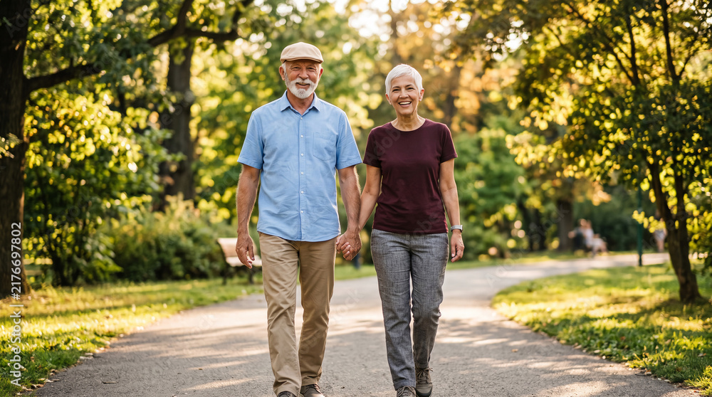 Obraz premium Older partners holding hands and walking actively along a green park trail enjoying sunshine and companionship