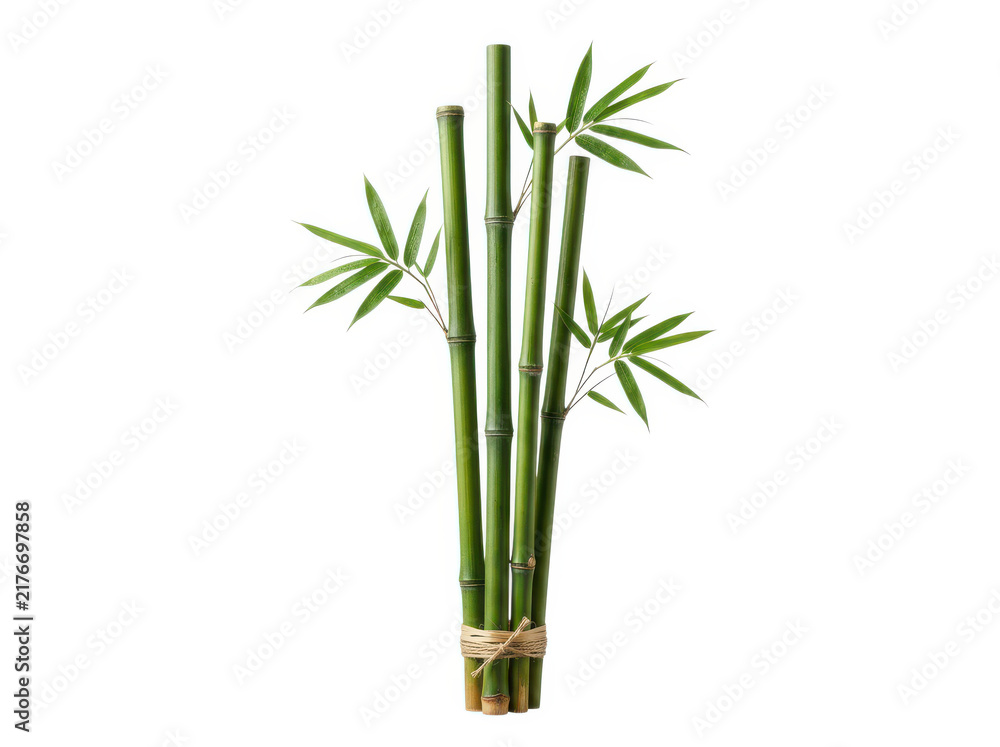 Fototapeta premium Fresh green bamboo stalks tied together with a natural rope string isolated plant
