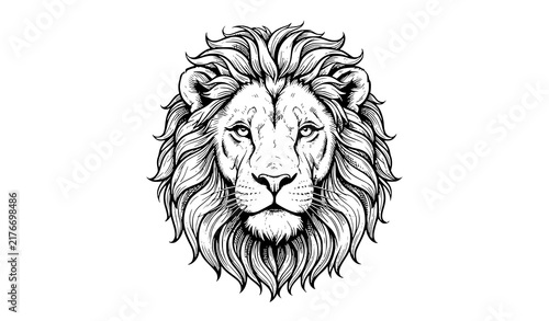 Majestic Lion Face Portrait Mane Black White Line Art Editable Vector Illustration