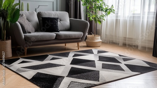 Modern living room interior featuring a stylish geometric patterned area rug in black and white tones placed on light wooden floors next to a comfortable grey sofa and green plants