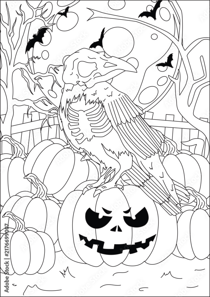 Naklejka premium halloween skull crow in pumpkin coloring page vector line art design