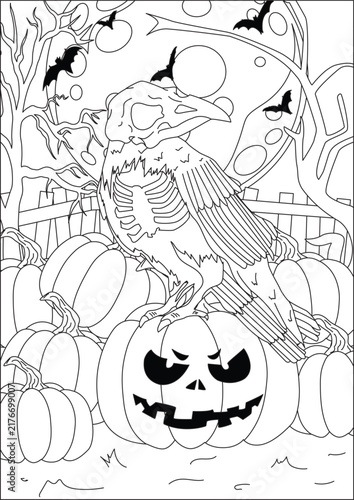 halloween skull crow in pumpkin coloring page vector line art design