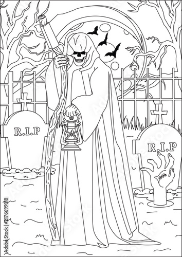 grim reaper with scythe and lantern halloween coloring page vector line art design