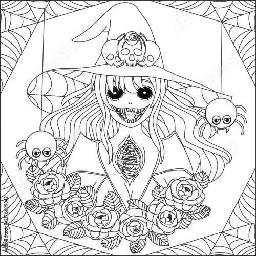 halloween evil witch adult coloring page vector line art design