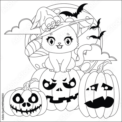 halloween coloring page witch cat with pumpkin vector line art design