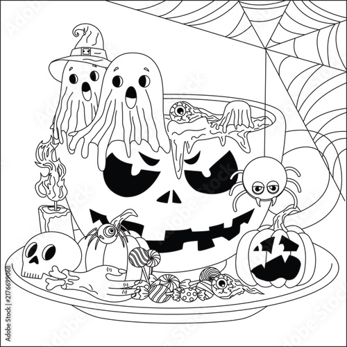 halloween coloring page ghost coffee cup with candle pumpkin candy Vector line art design