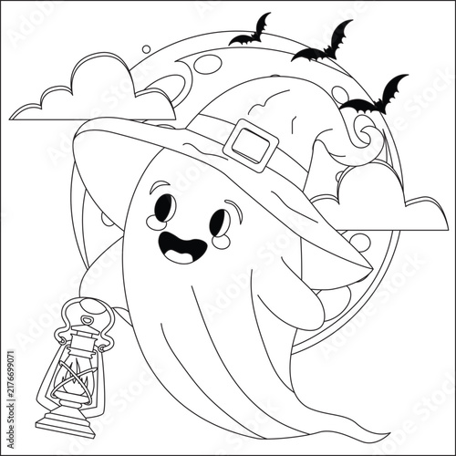 halloween kid coloring page cute ghost with lantern vector outline design