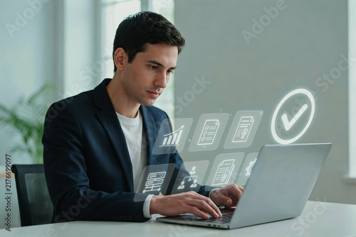 Professional businessman using a laptop with digital document processing icons