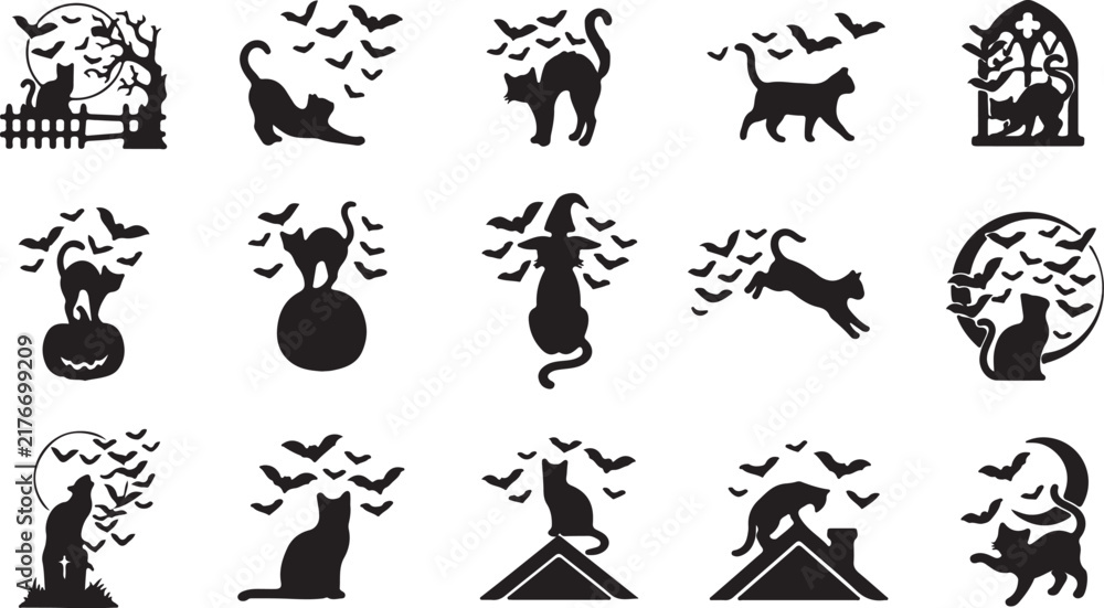 Obraz premium Halloween black cat and bat icons with pumpkins and moon designs