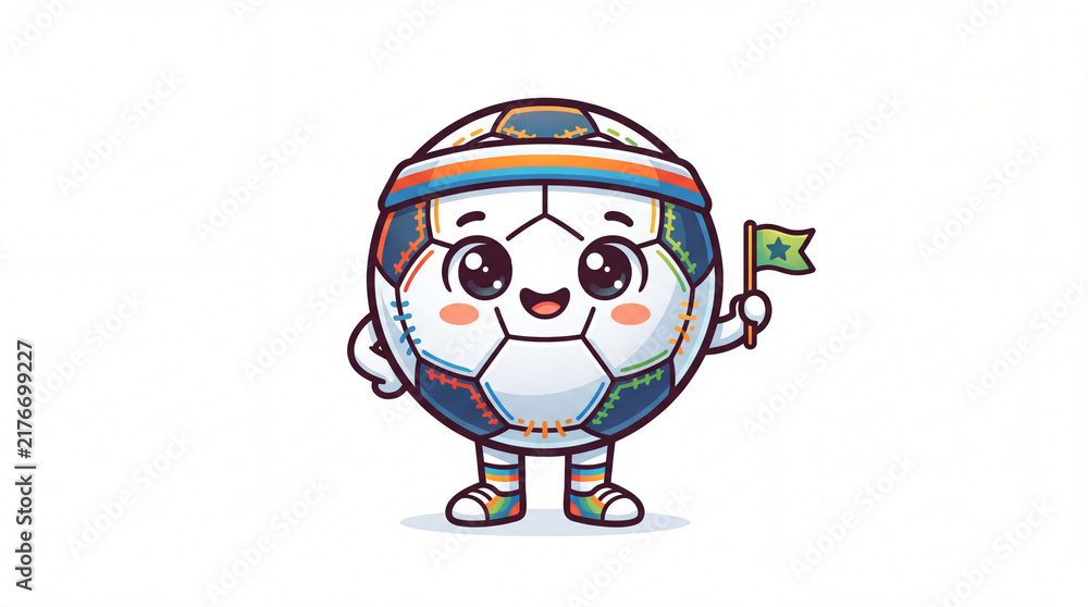 Fototapeta premium Cute Cartoon Soccer Ball Character Holding a Small Star Flag Mascot Illustration Isolated on White Background