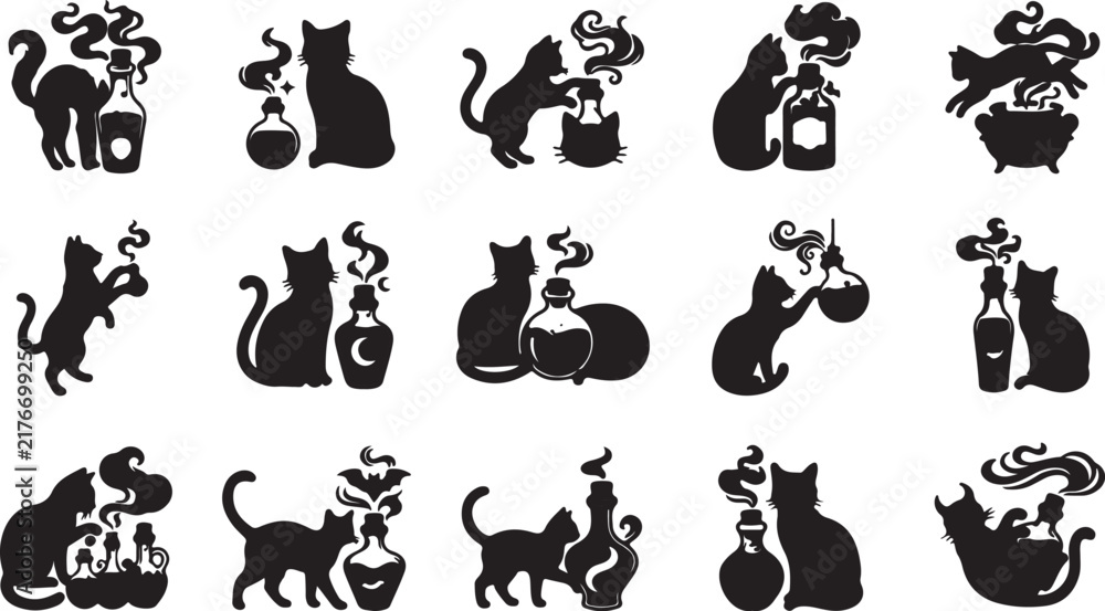 Obraz premium Black cat playing with wine glass vector illustrations set