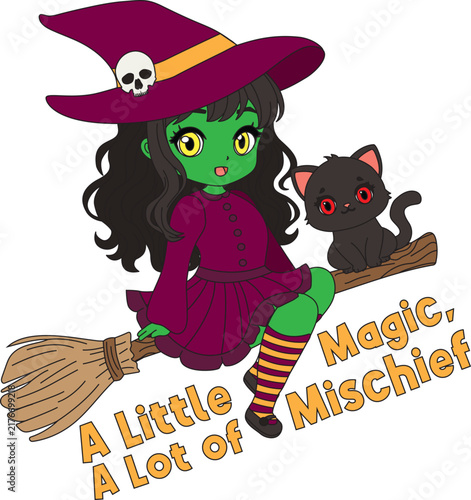 halloween little witch and cat flying in magic bloom vector design