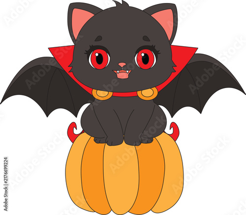 halloween vampire black cat sitting on pumpkin vector design