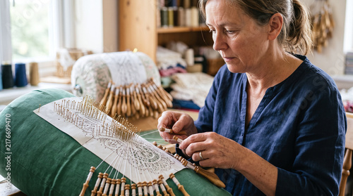 Mature woman artisan making traditional bobbin lace on green pillow in workshop