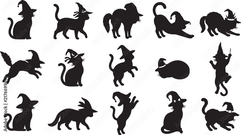 Fototapeta premium Black cat in different poses and playful actions vector illustration