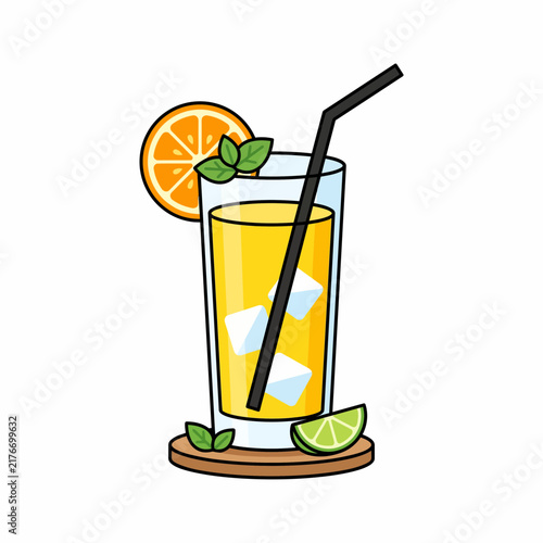 refreshing cold orange juice cocktail with ice cubes, straw, and citrus slice garnish