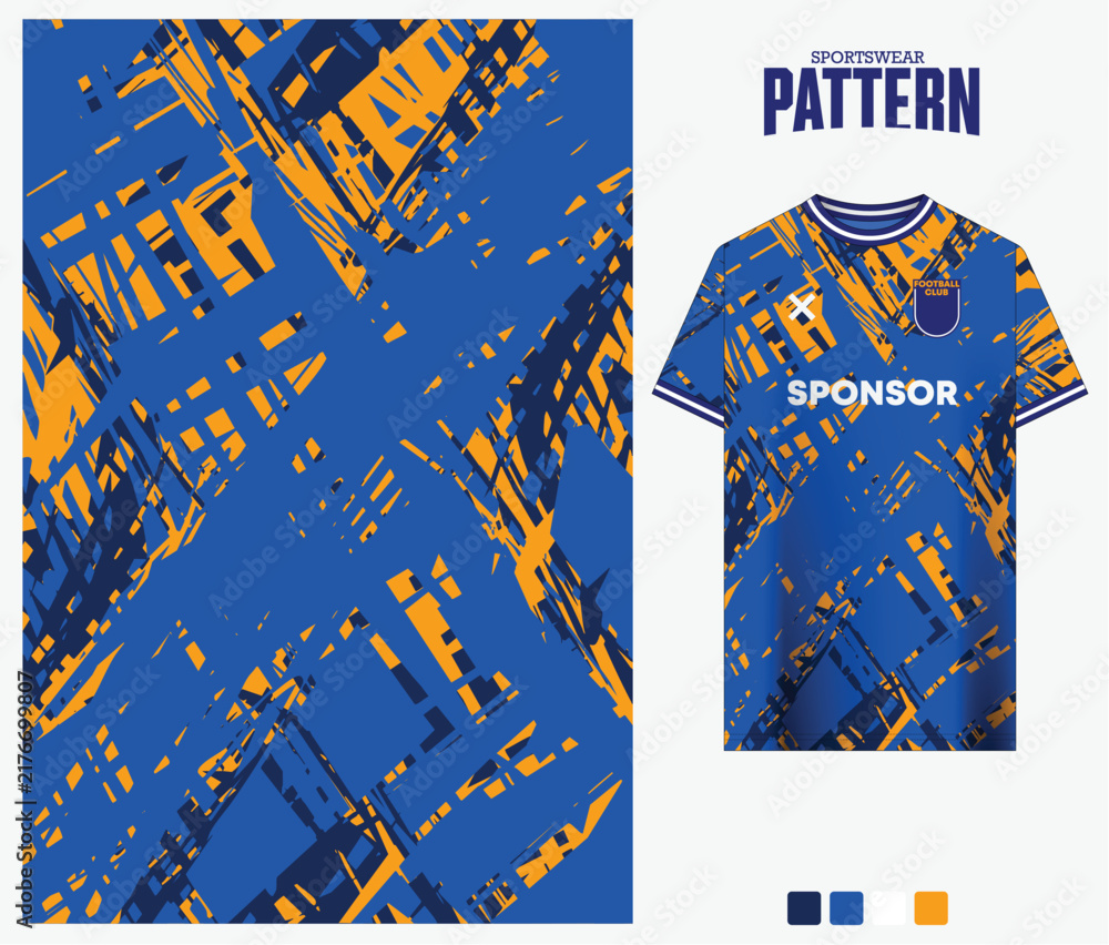 Fototapeta premium Blue and orange grunge geometric pattern for sports jersey fabric design. Vector illustration.