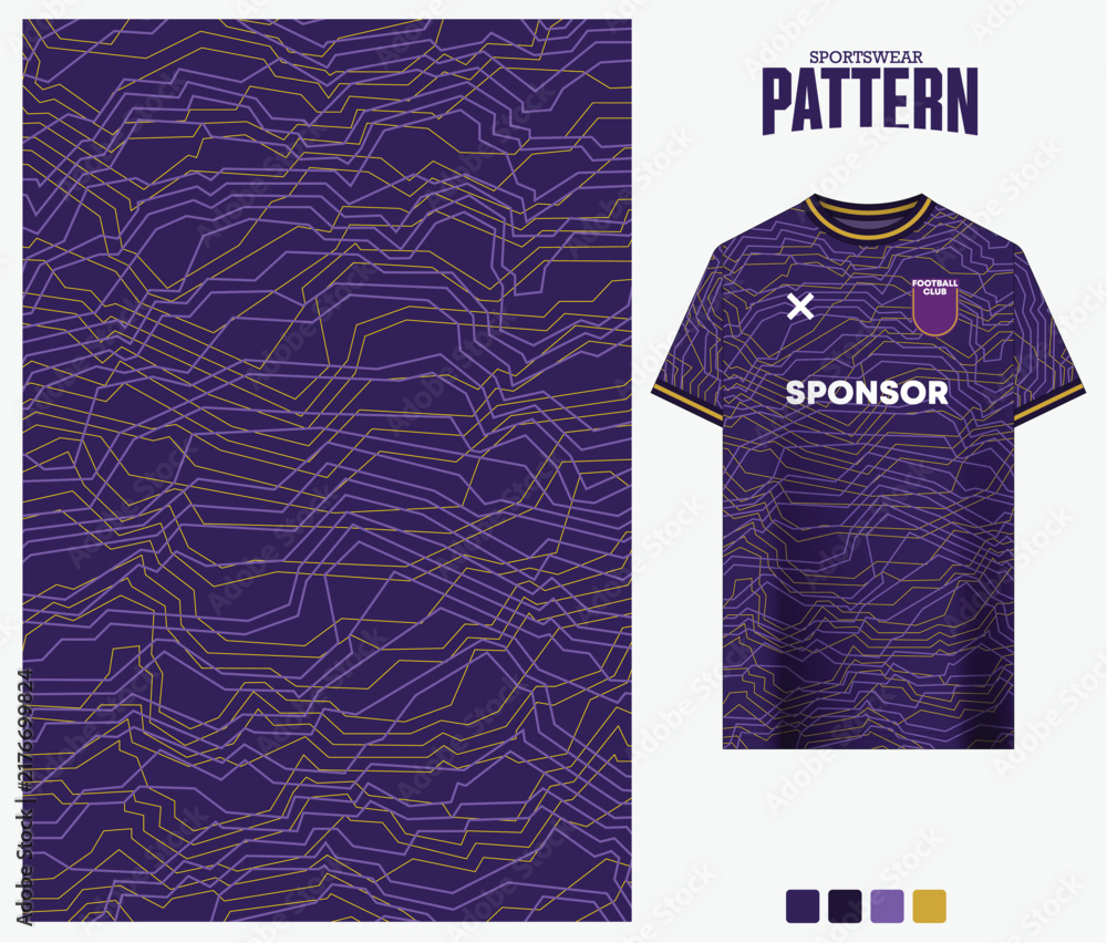 Obraz premium Purple topographic contour line pattern for sports jersey fabric design. Vector illustration.