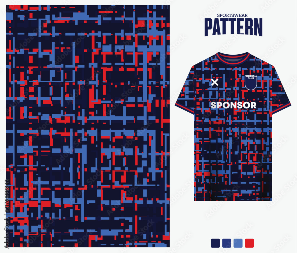 Obraz premium Red and blue glitch grid pattern for sports jersey fabric design. Vector illustration.