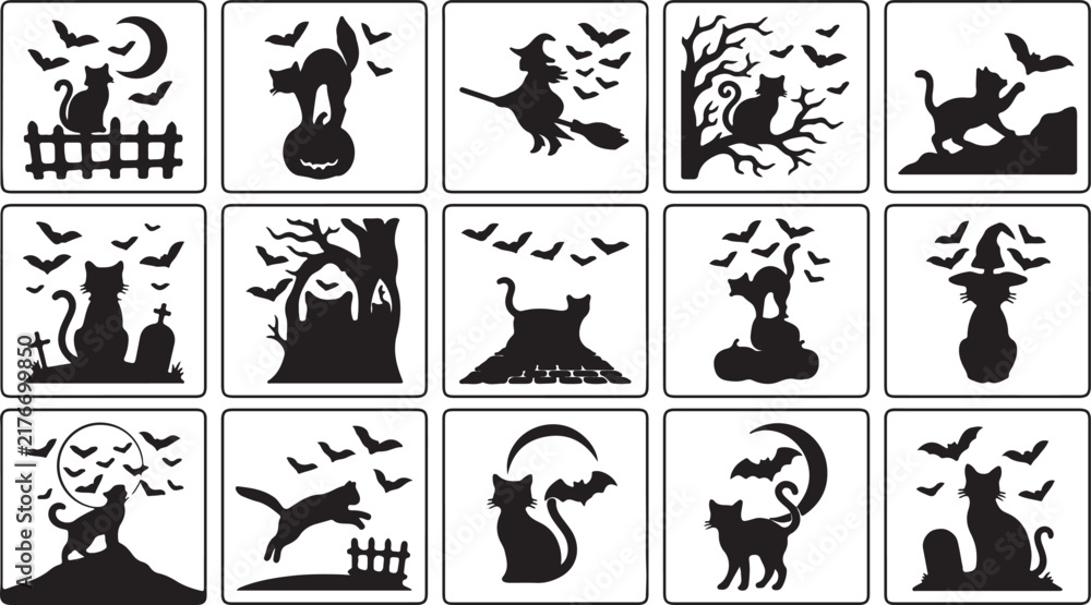 Obraz premium Halloween black cat and bat icons set with spooky elements and moon
