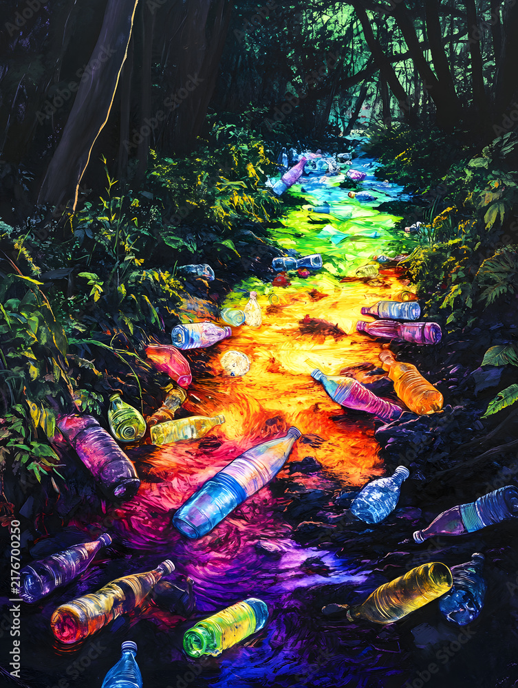 Obraz premium Digital painting of glowing plastic bottles polluting sunlit forest stream