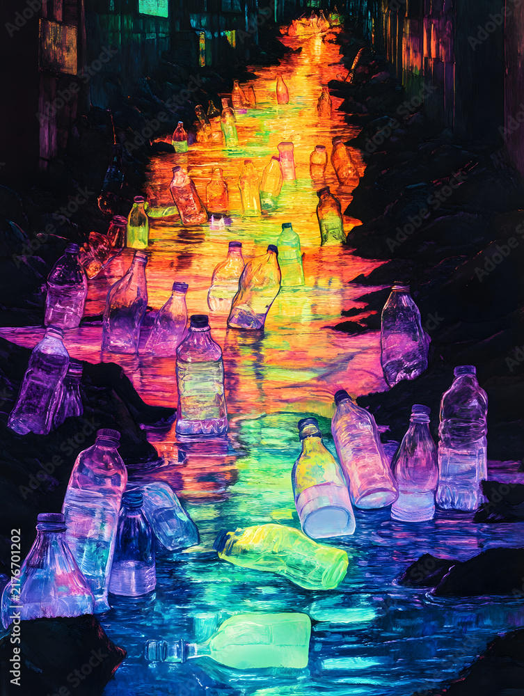Obraz premium Digital illustration of neon plastic bottles glowing in polluted urban alley stream