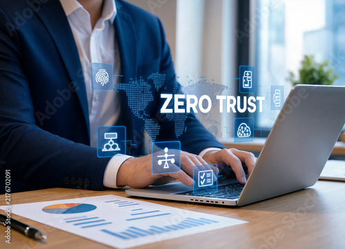 Businessman working on laptop with zero trust security digital interface overlay transparent background
