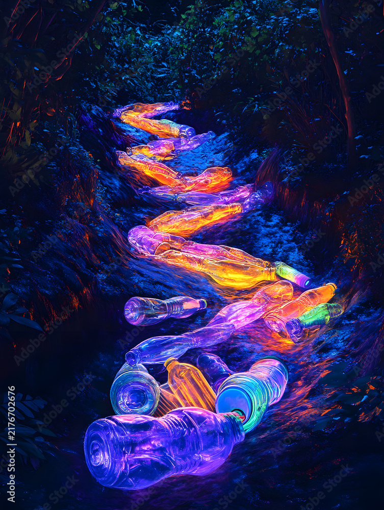 Obraz premium Digital illustration of luminous plastic bottles trailing through dark forest stream