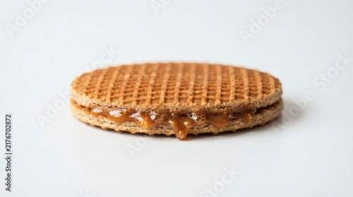 Single Stroopwafel Caramel Oozing Slightly Center Seam Pure White Background

