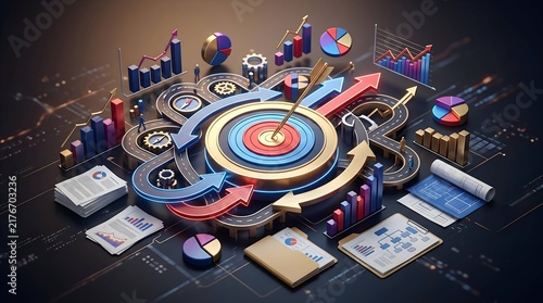 3d business strategy concept with target and growth charts