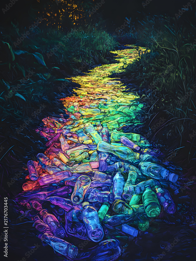 Obraz premium Digital painting of rainbow-hued plastic waste flowing through forest stream