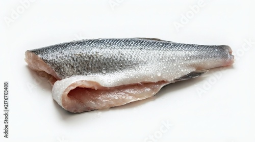 Whole Raw Fish Fillet Branzino Skin On One Edge Curled Slightly Water Droplets Pure White Background

