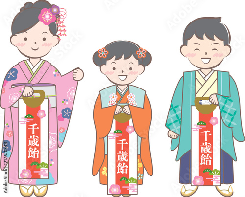 七五三　千歳飴を持った和装の子供たち　
