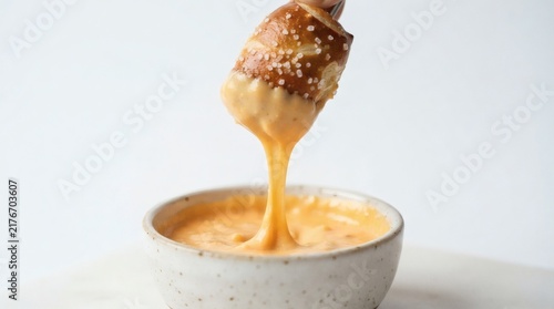 Single Soft Pretzel Bite Dipped Halfway Cheese Sauce String Cheese Stretching Pure White Background


