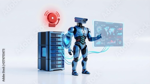 Blue humanoid robot protecting server rack with digital shield and data