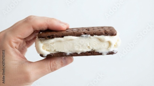 Single Ice Cream Sandwich Filling Squeezed Out Slightly Edges Pure White Background

