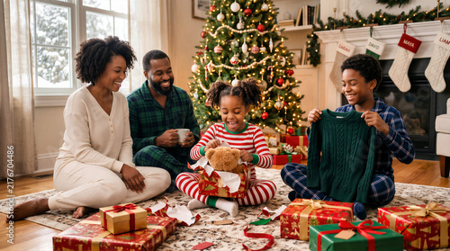 Happy African American family on rug together opening colorful gift boxes together in pajamas near Christmas tree in cozy living room. Merry Christmas and New Year celebration concept with copy space.