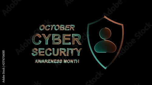 October Cyber Security Awareness Month with Glowing Shield and Human Silhouette on Black Background Keywords: October, Cyber Security, Awareness Month, Shield.