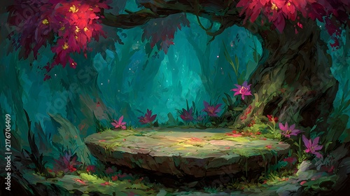 Enchanting fantasy forest with stone platform podium, glowing trees and pink flowers illustration.