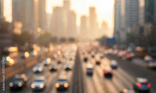 A blurred view of a busy city highway during sunset, showcasing traffic with a backdrop of skyscrapers and a warm, golden glow.