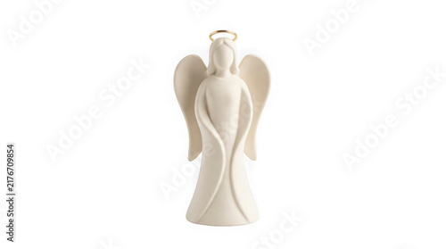 Ceramic white christmas angel figurine with golden halo isolated on transparent background