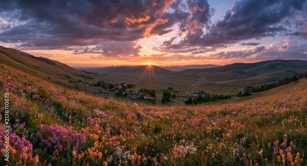 Fototapeta premium Mountain meadow at sunset with vibrant wildflowers and clouds