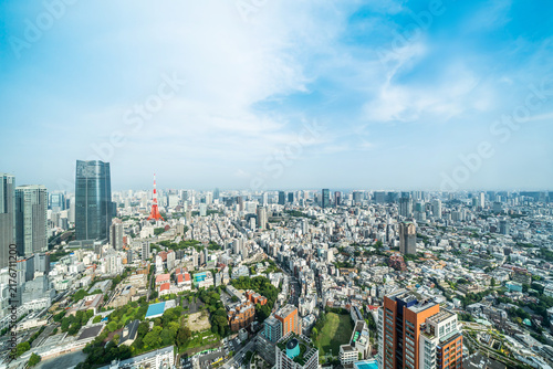 Panoramic aerial view of tokyo tower and cityscape skyline under clear blue sky in Roppongi hills, japan with copy space