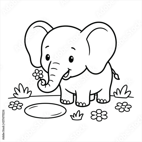Friendly baby elephant holding a small flower with trunk by a water pond vector line art design.