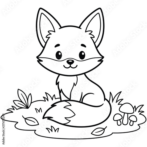 A little fox sitting on forest ground among mushrooms and autumn leaves: a vector line art drawing.